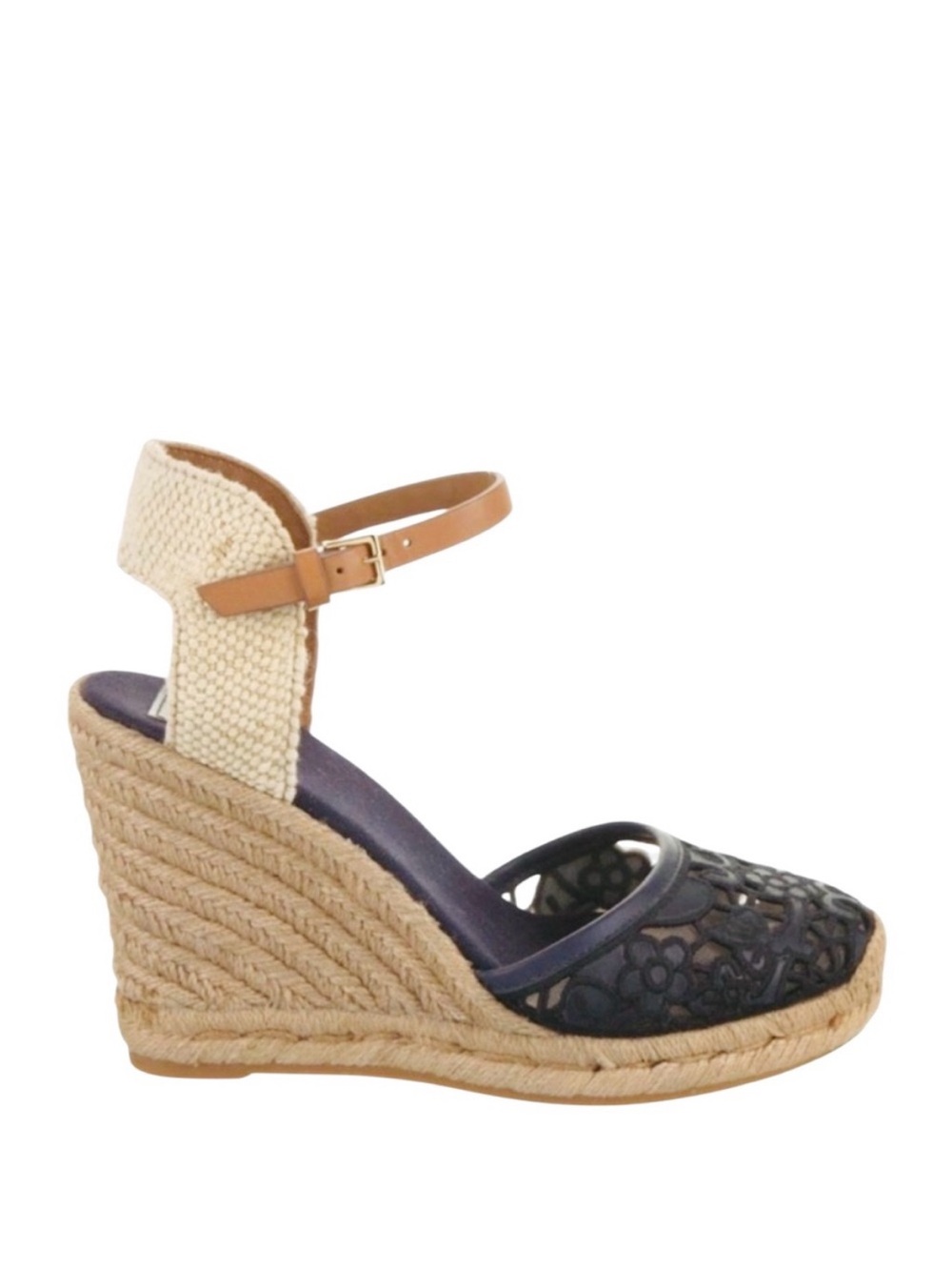 TORY BURCH Navy & Tan Lucia Lace Espadrille Wedge Platform Sandal